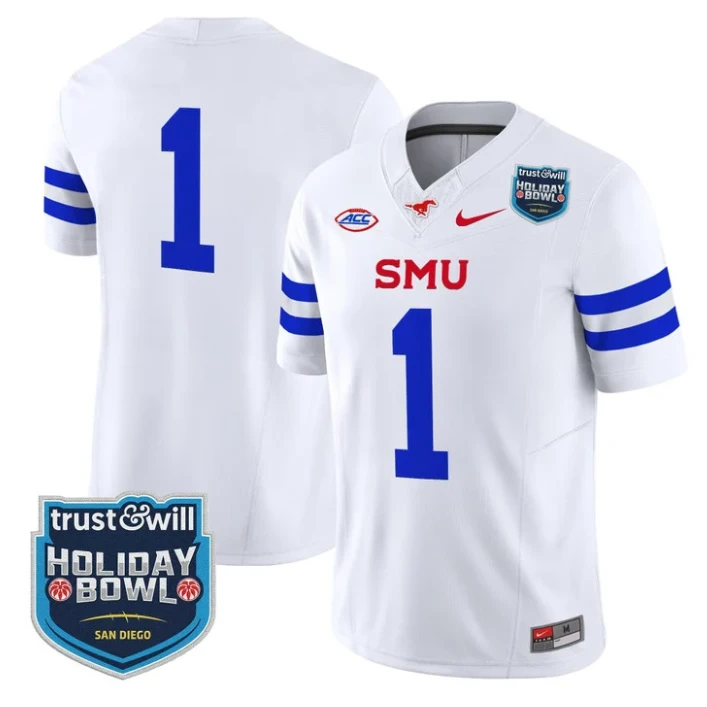 Team Jersey #1 SMU Mustangs 2026 Holiday Bowl Patch Vapor Stitched White by My Store NCAA Football Jerseys