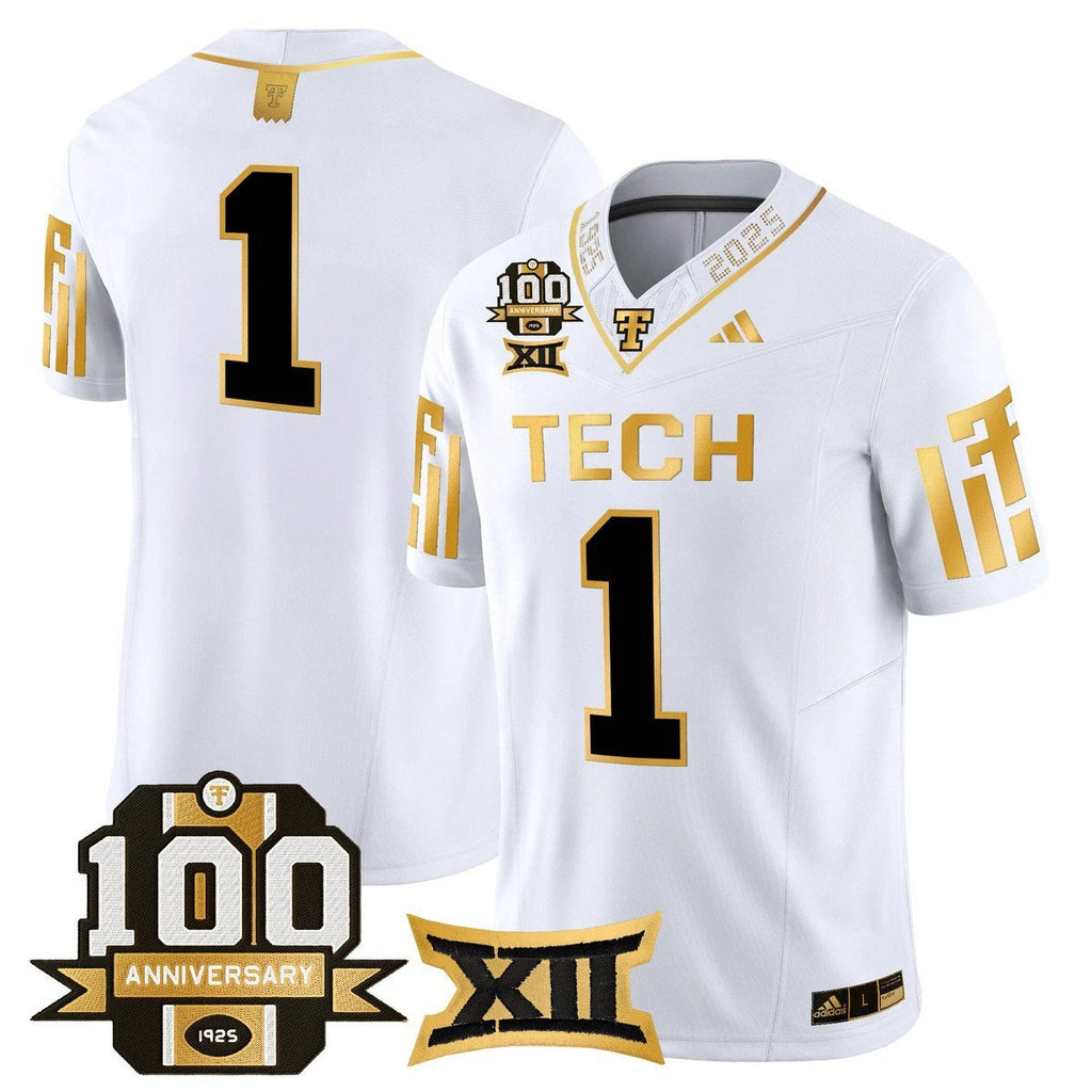 Team Jersey #1 Texas Tech 2025 100th Anniversary Patch Stitched White Gold by My Store NCAA Football Jerseys