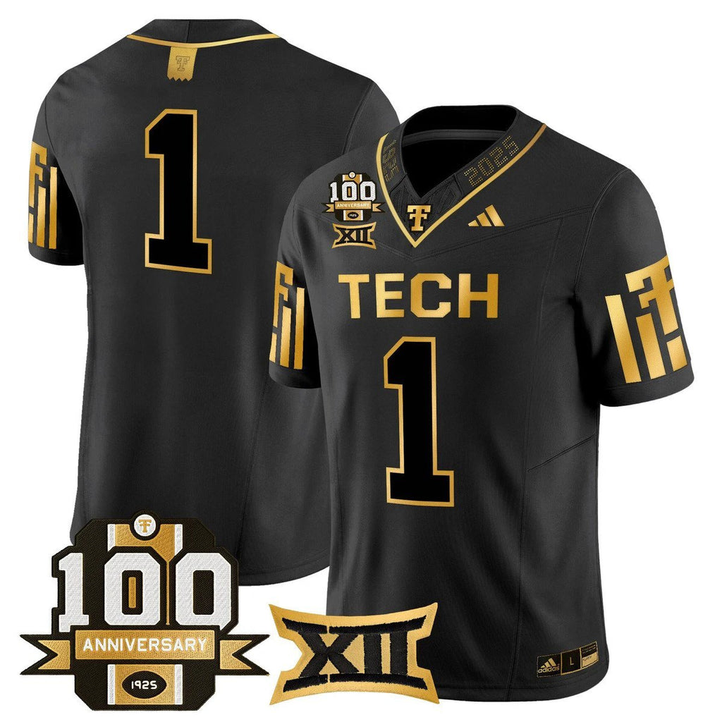 Team Jersey #1 Texas Tech 2025 100th Anniversary Patch Stitched Black Gold by My Store NCAA Football Jerseys