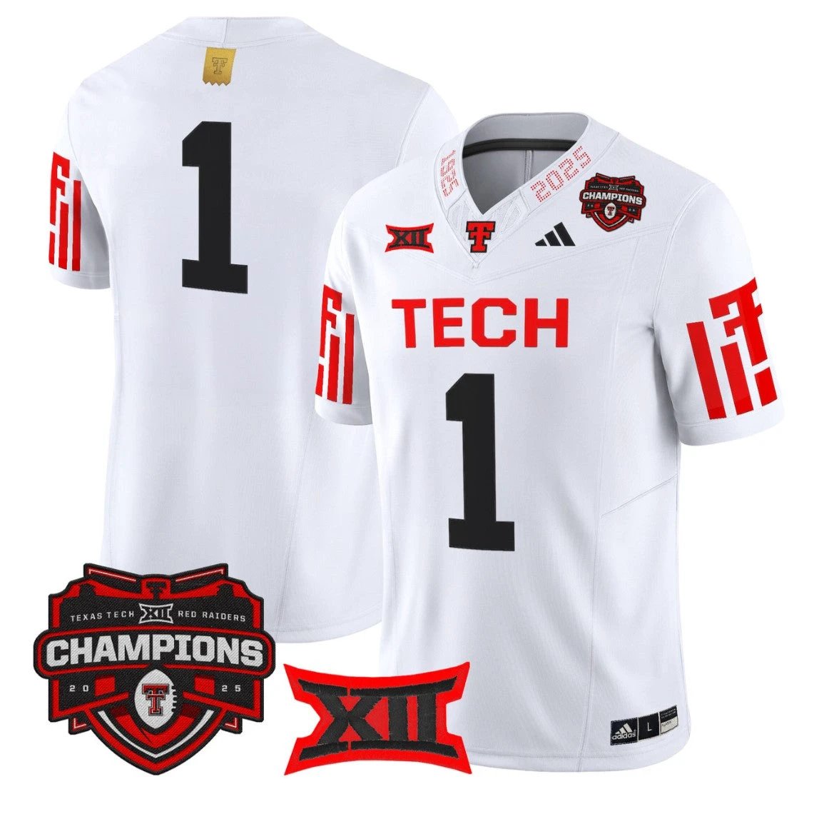 Team Jersey #1 Texas Tech 2025 Big 12 Champions Vapor Limited Stitched White by NCAA Football Jersey