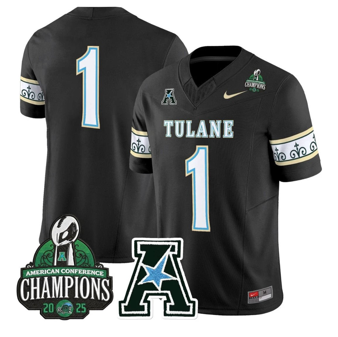 Team Jersey #1 Tulane Green Wave City Edition 2025 AAC Champions Stitched Black by NCAA Football Jersey