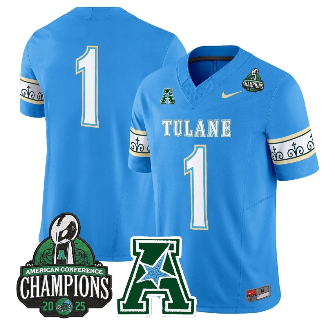 Team Jersey #1 Tulane Green Wave City Edition 2025 AAC Champions Stitched Blue by NCAA Football Jersey