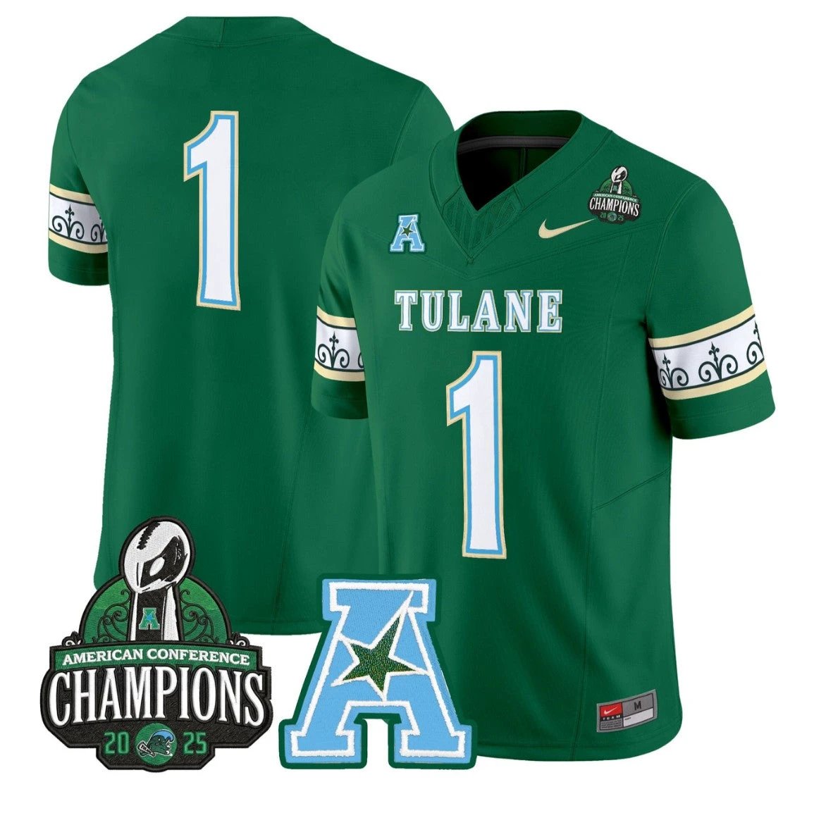 Team Jersey #1 Tulane Green Wave City Edition 2025 AAC Champions Stitched Green by NCAA Football Jersey