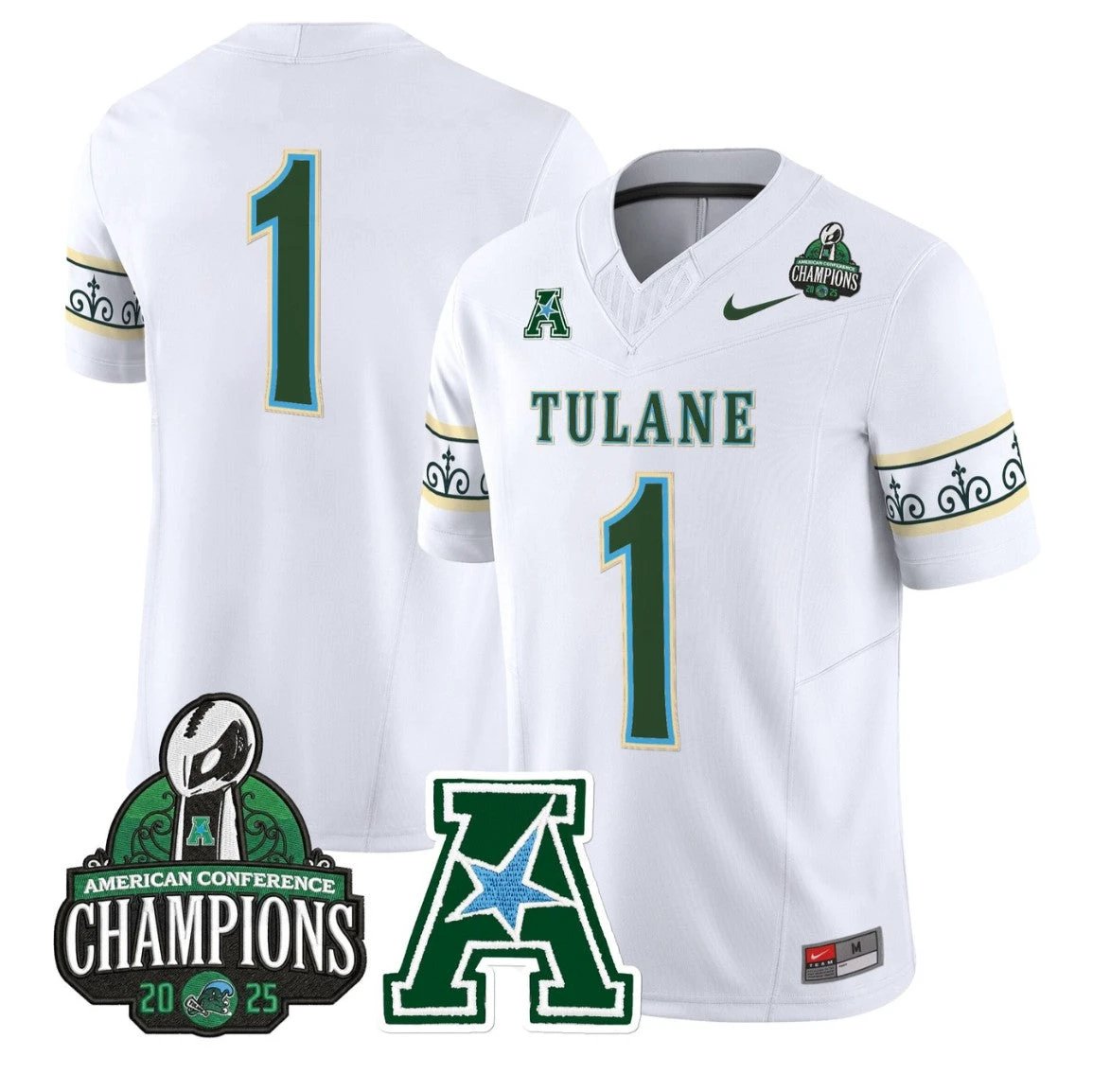 Team Jersey #1 Tulane Green Wave City Edition 2025 AAC Champions Stitched White by NCAA Football Jersey