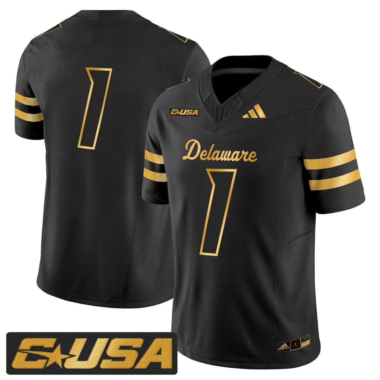 Team Jersey #1 Delaware Blue Hens 2025 Gold Vapor Limited Stitched by My Store NCAA Football Jerseys