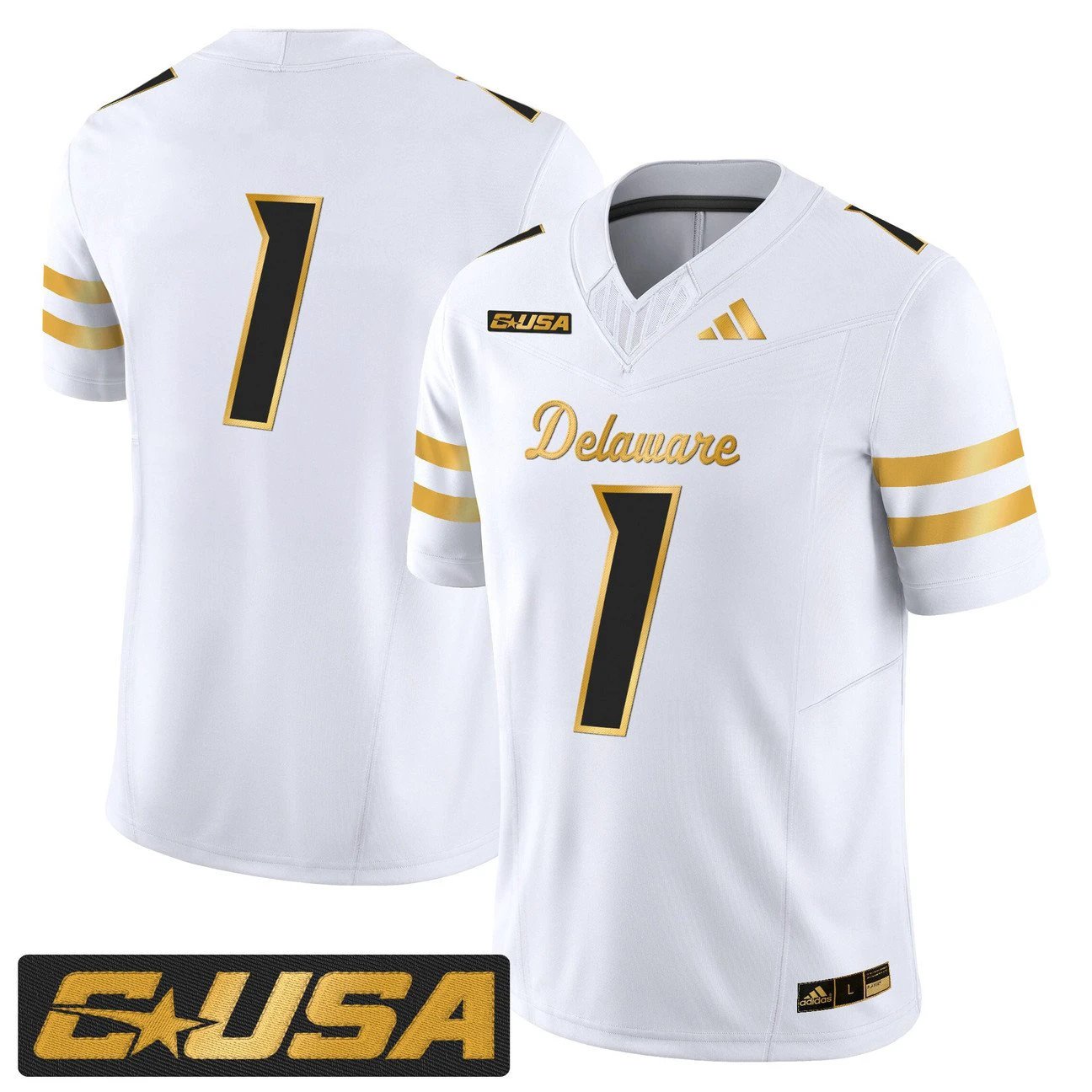 Team Jersey #1 Delaware Blue Hens 2025 Gold Vapor Limited Stitched by My Store NCAA Football Jerseys