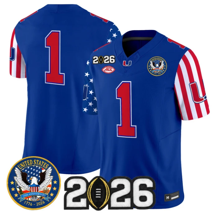Team Jersey #1 Miami Hurricanes America 250 Edition 2026 CFP Patch Stitched by My Store NCAA Football Jerseys