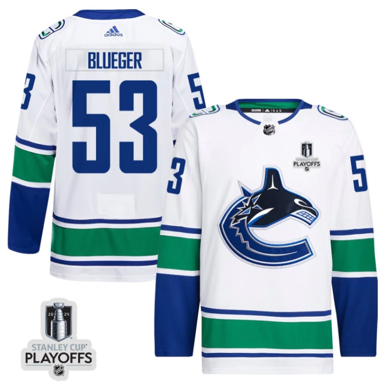 Teddy Blueger 53 Vancouver Canucks 2024 NHL Playoffs Patch Away Jersey - Men, White by Hockey David
