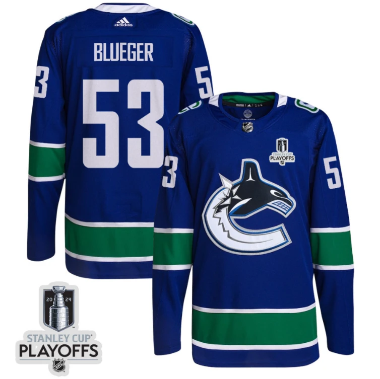 Teddy Blueger 53 Vancouver Canucks 2024 NHL Playoffs Patch Home Jersey - Men, Blue by Hockey David