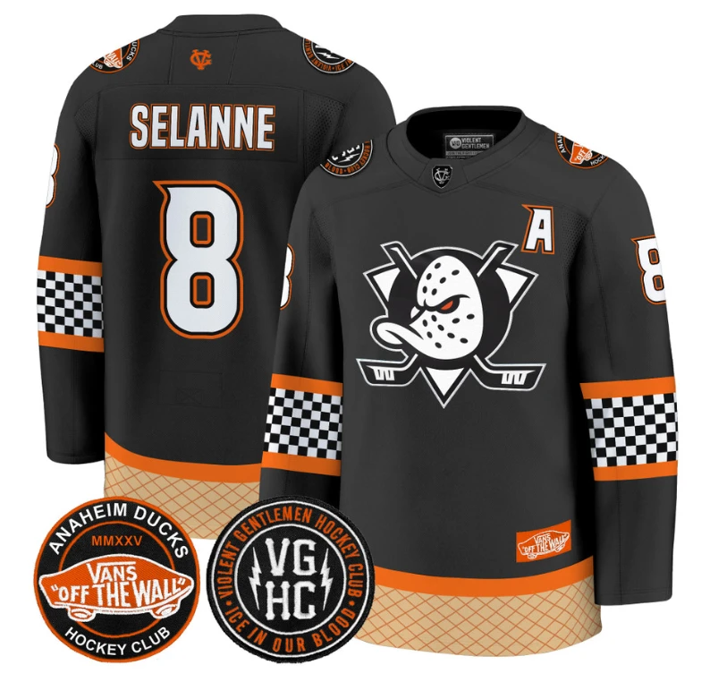 Teemu Selänne Jersey #8 Anaheim Ducks Checkerboard 2025 Premium Stitched Black by Hockey David