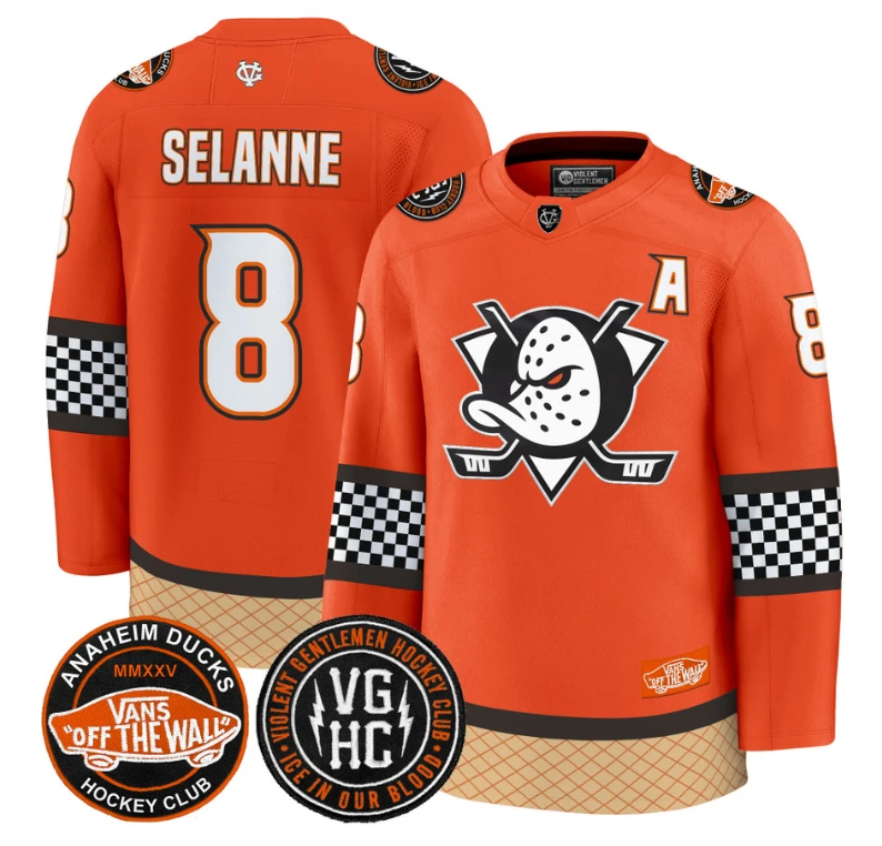 Teemu Selänne Jersey #8 Anaheim Ducks Checkerboard 2025 Premium Stitched Orange by Hockey David