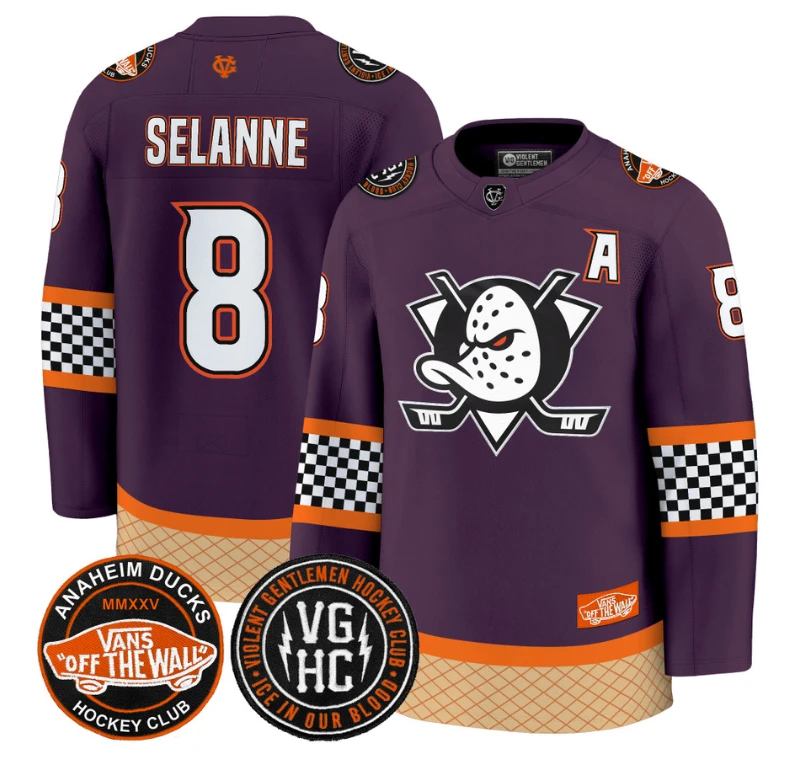 Teemu Selänne Jersey #8 Anaheim Ducks Checkerboard 2025 Premium Stitched Purple by Hockey David