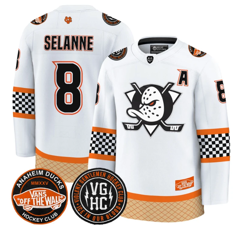 Teemu Selänne Jersey #8 Anaheim Ducks Checkerboard 2025 Premium Stitched White by Hockey David