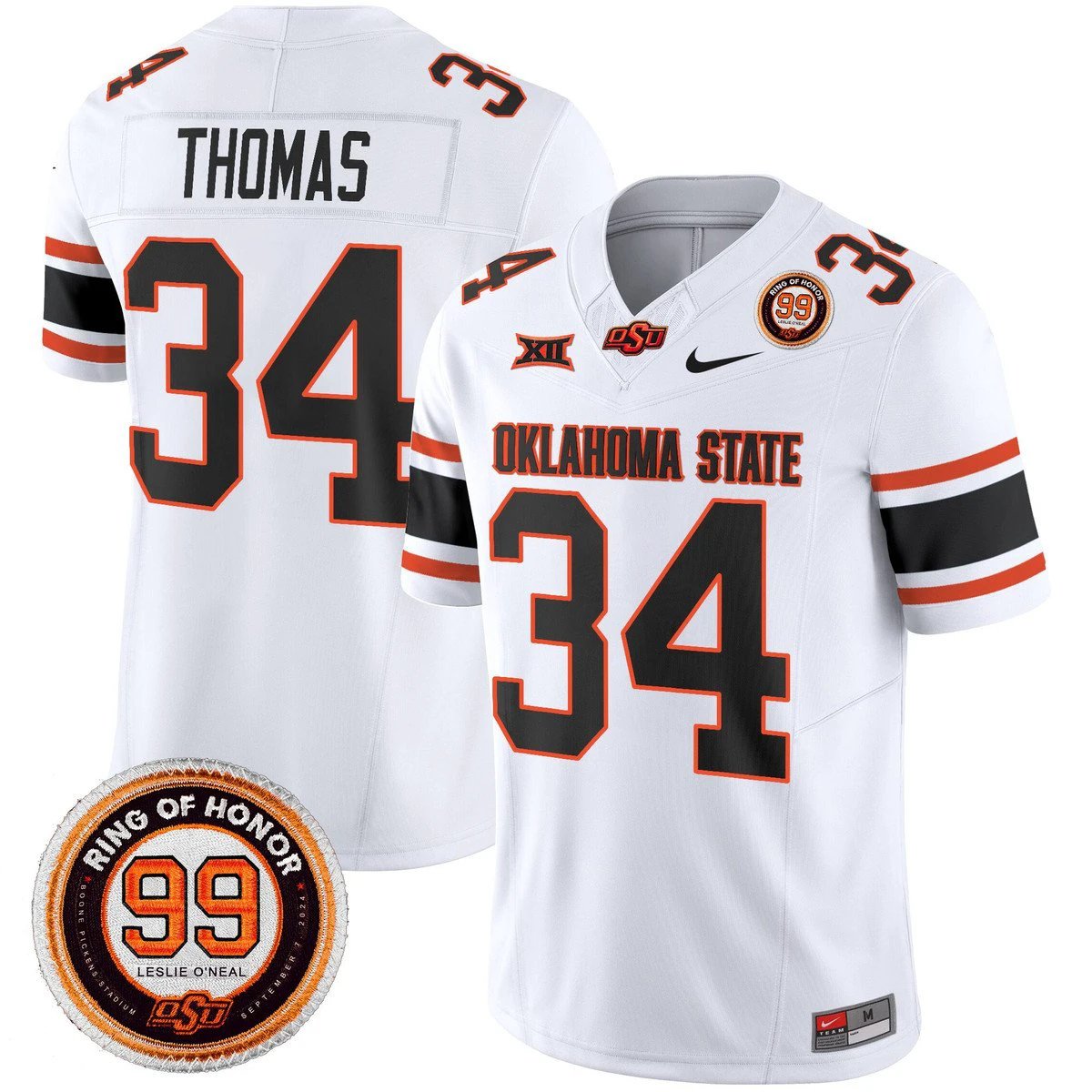 Thurman Thomas Jersey #34 Oklahoma State Cowboys 2025 Leslie O'neal Patch White by NCAA Football Jersey