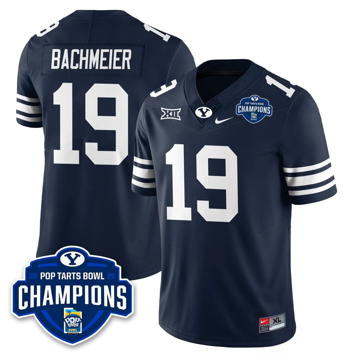 Tiger Bachmeier Jersey #19 BYU Cougars 2025 Pop-Tarts Bowl Champions Navy by NCAA Football Jersey