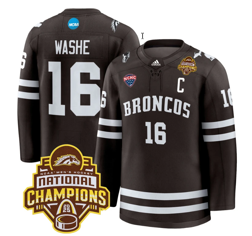 Tim Washe Jersey #16 Western Michigan Broncos 2025 National Champions Patch Premium Stitched Brown by Hockey David