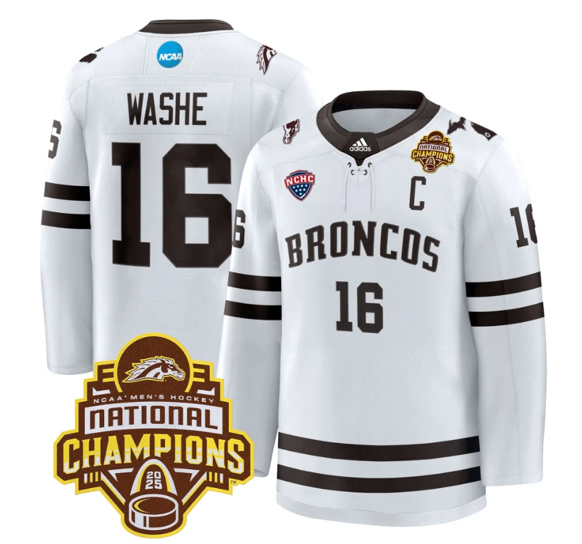 Tim Washe Jersey #16 Western Michigan Broncos 2025 National Champions Patch Premium Stitched White by Hockey David