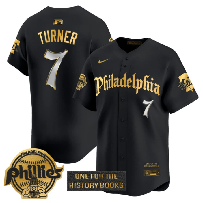 Trea Turner Jersey #7 Phillies Retro Newspaper Edition Gold Vapor Premier Stitched Black Gold by My Store