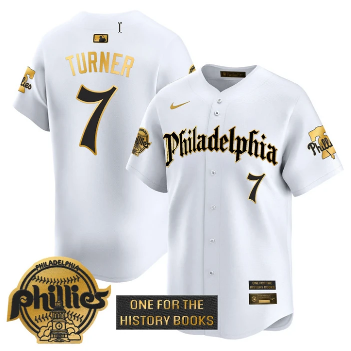 Trea Turner Jersey #7 Phillies Retro Newspaper Edition Gold Vapor Premier Stitched White Gold by My Store