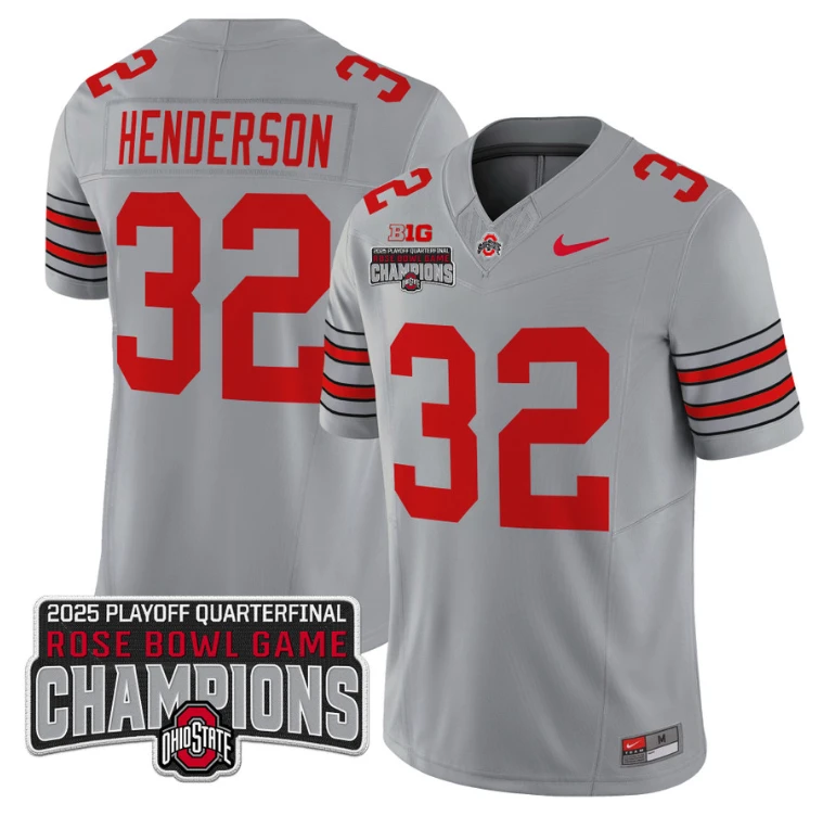 Treveyon Henderson Jersey #32 Ohio State 2025 Rose Bowl Champions Patch Gray by NCAA Football Jersey