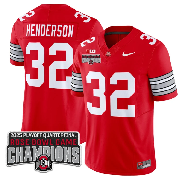 Treveyon Henderson Jersey #32 Ohio State 2025 Rose Bowl Champions Patch Red by NCAA Football Jersey