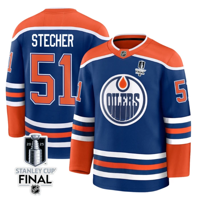Troy Stecher 51 Edmonton Oilers 2025 STANLEY CUP Final Patch Home Men Jersey Royal by Hockey David