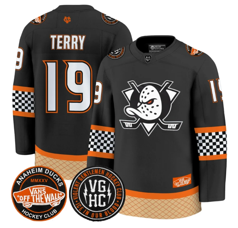 Troy Terry Jersey #19 Anaheim Ducks Checkerboard 2025 Premium Stitched Black by Hockey David