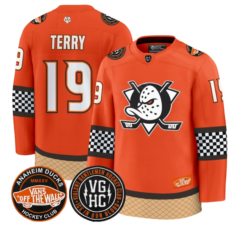 Troy Terry Jersey #19 Anaheim Ducks Checkerboard 2025 Premium Stitched Orange by Hockey David
