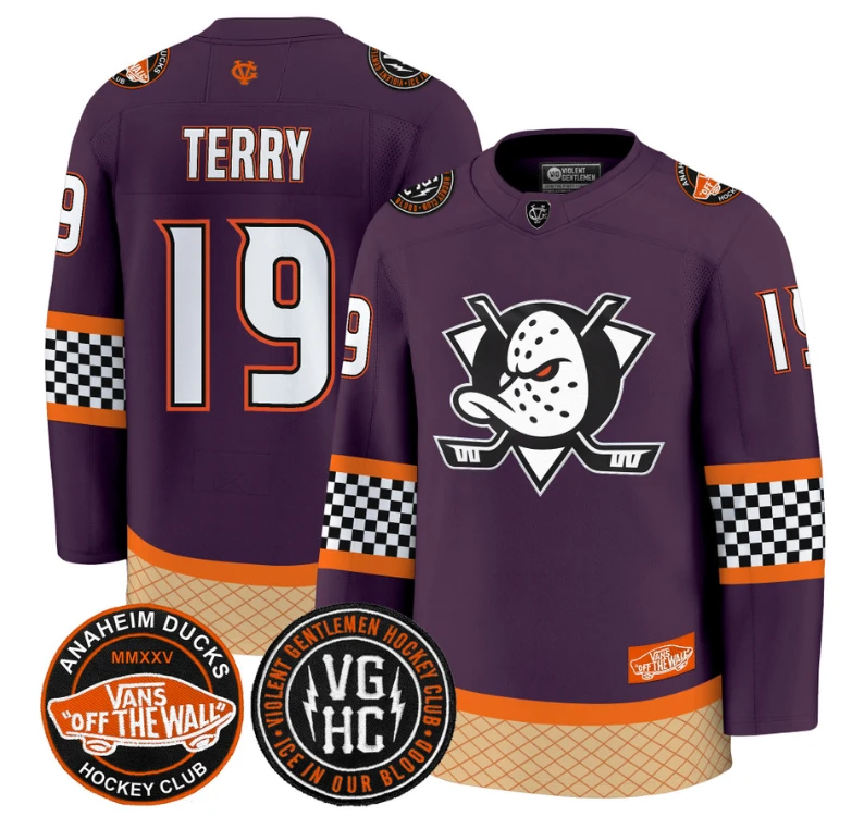 Troy Terry Jersey #19 Anaheim Ducks Checkerboard 2025 Premium Stitched Purple by Hockey David