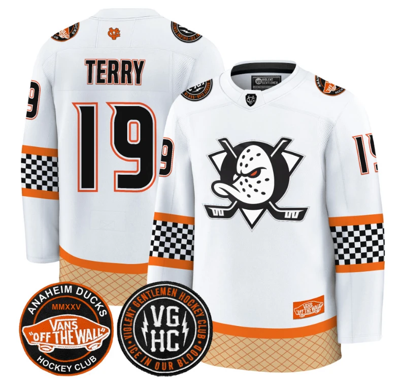 Troy Terry Jersey #19 Anaheim Ducks Checkerboard 2025 Premium Stitched White by Hockey David