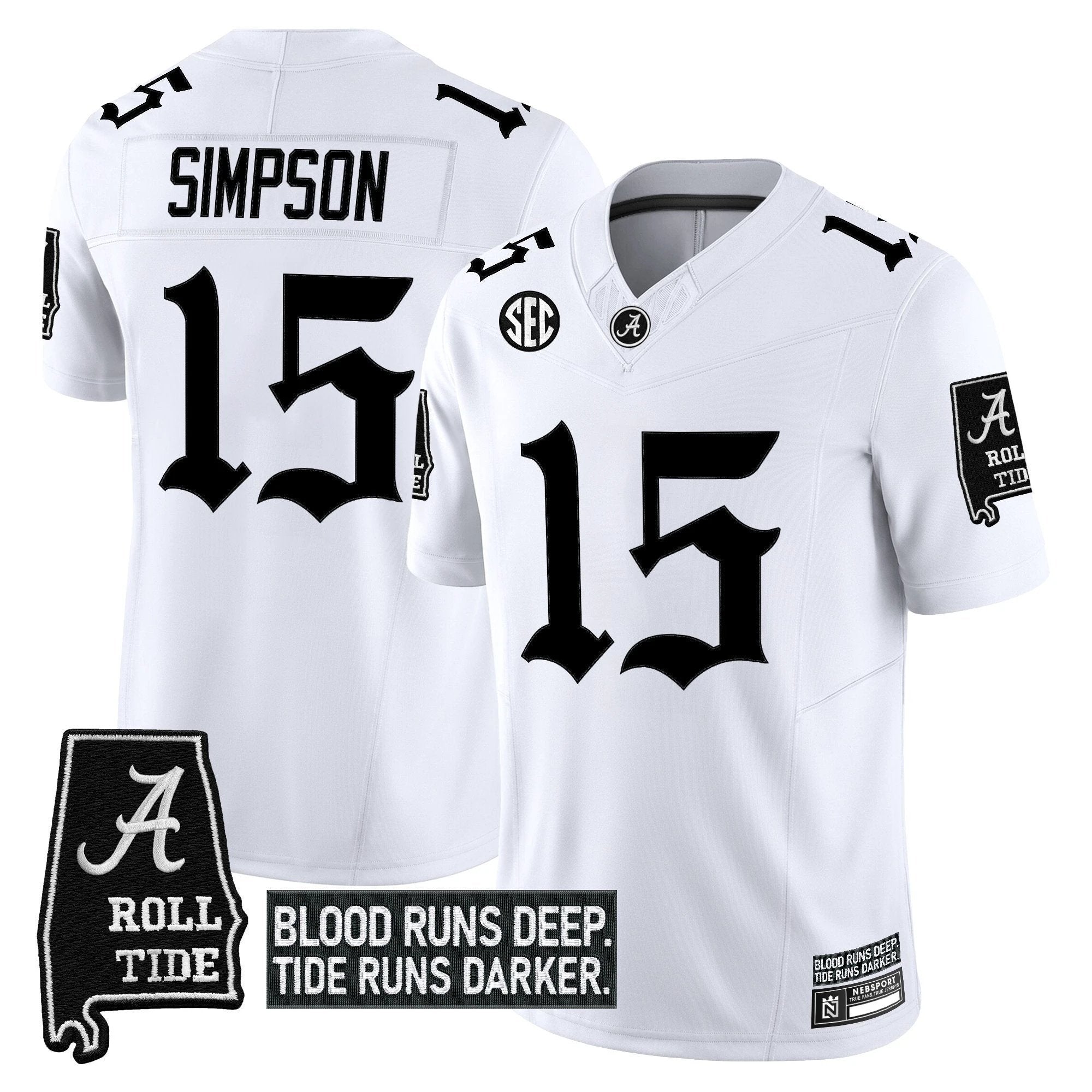 Ty Simpson Jersey #15 Alabama Crimson Gothic Bama Blood Edition Stitched White by NCAA Football Jersey