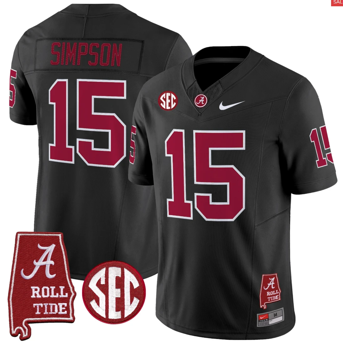 Ty Simpson Jersey #15 Alabama Crimson Throwback Alabama Map Stitched Black by My Store