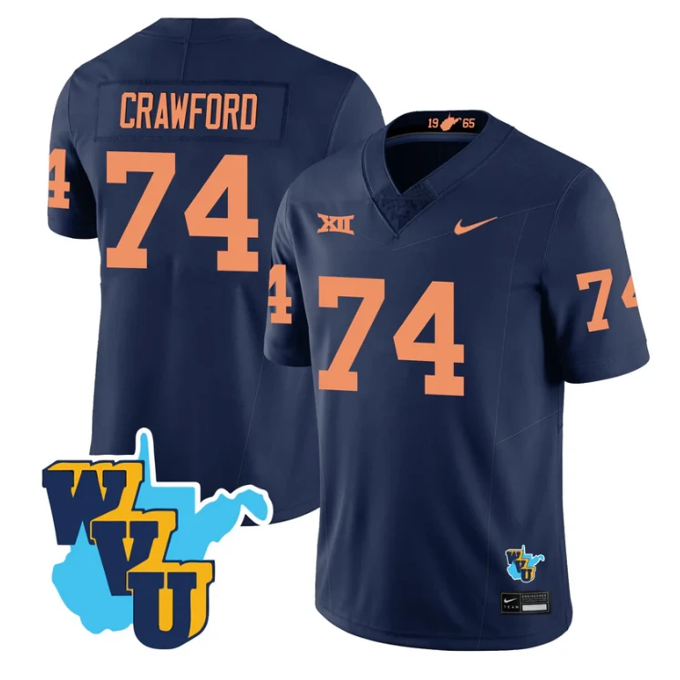 Ty'Kieast Crawford Jersey #74 West Virginia Mountaineers 1965-2025 Throwback Navy by NCAA Football Jersey