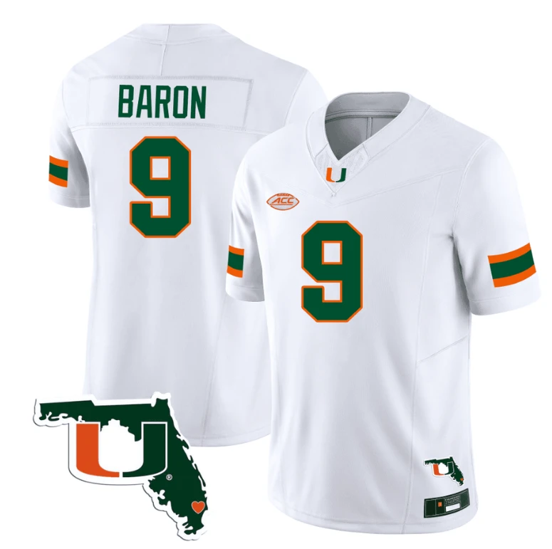 Tyler Baron Jersey #9 Miami Hurricanes Florida Map College Football Stitched White by My Store