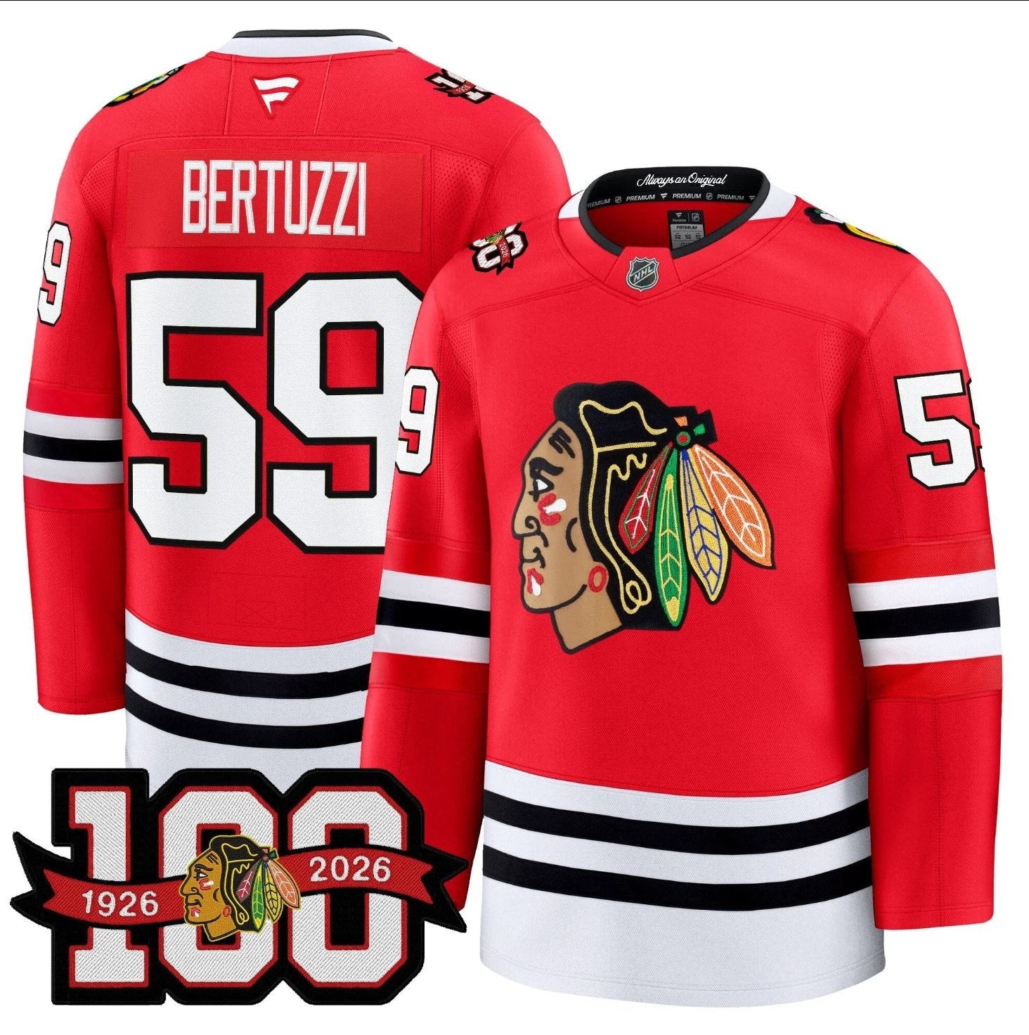 Tyler Bertuzzi Jersey #59 Chicago Blackhawks 2025-26 Premium 100th Stitched by Hockey David
