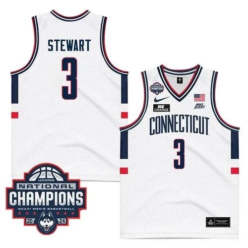 UConn Huskies #3 Jaylin Stewart Jersey 2024 National Champions Patch White by My store basketball