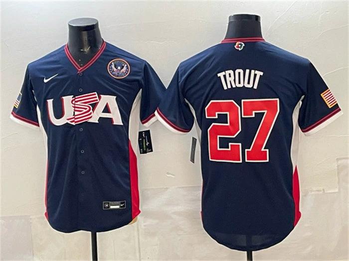 USA Baseball #27 Mike Trout Jersey Navy 2026 World Baseball Classic United States 250th Anniversary Patch Road Stadium Stitched by My Store