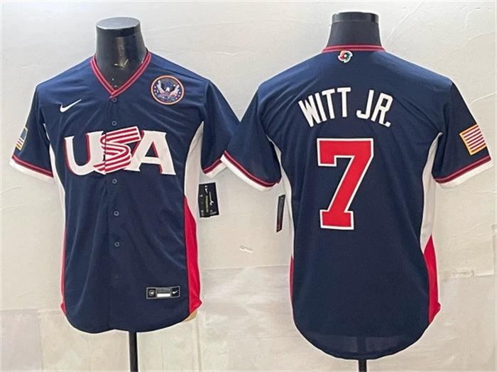 USA Baseball #7 Bobby Witt Jr. Jersey Navy 2026 World Baseball Classic United States 250th Anniversary Patch Road Stadium Stitched by My Store