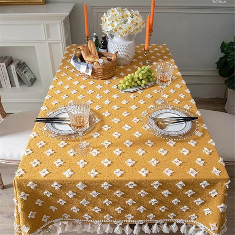 Versatile Yellow Embroidered Tassel Tablecloth by Casa & Beyond