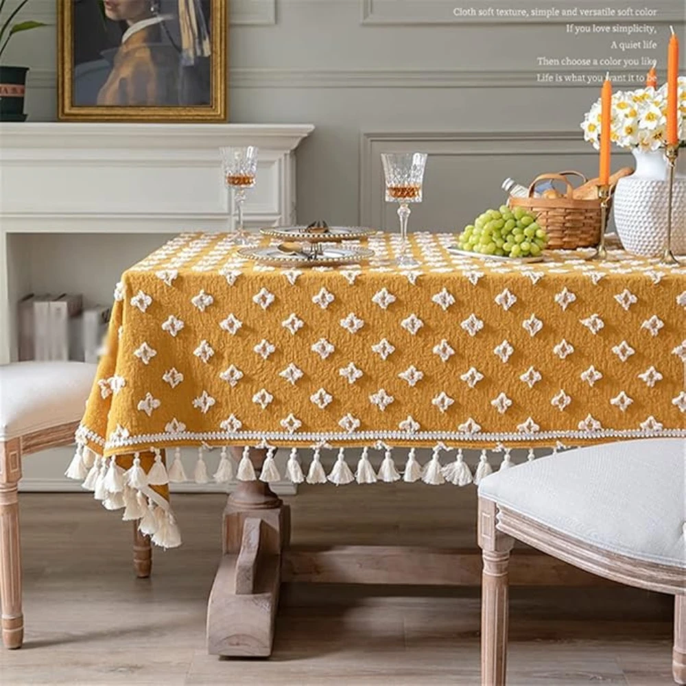 Versatile Yellow Embroidered Tassel Tablecloth by Casa & Beyond