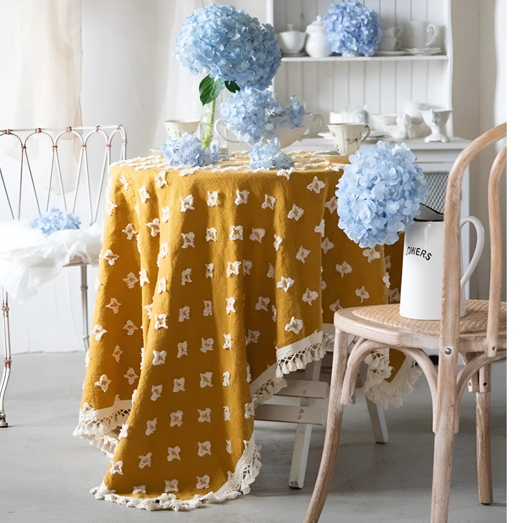 Versatile Yellow Embroidered Tassel Tablecloth by Casa & Beyond