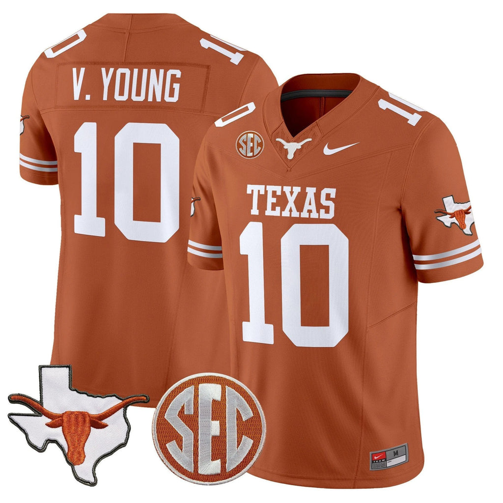 Vince Young Jersey #10 Texas Longhorns 2025 State Map SEC Patch Texas Orange by My Store