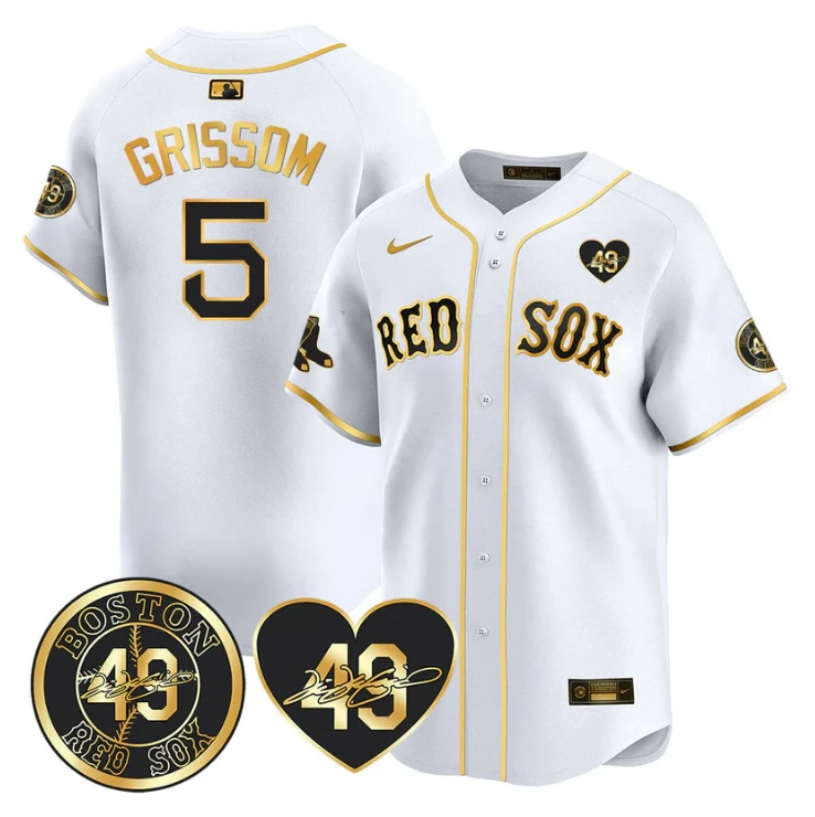 Vaughn Grissom Jersey #5 Boston Red Sox Tim Wakefield Memorial Patch Stitched White Gold by My Store
