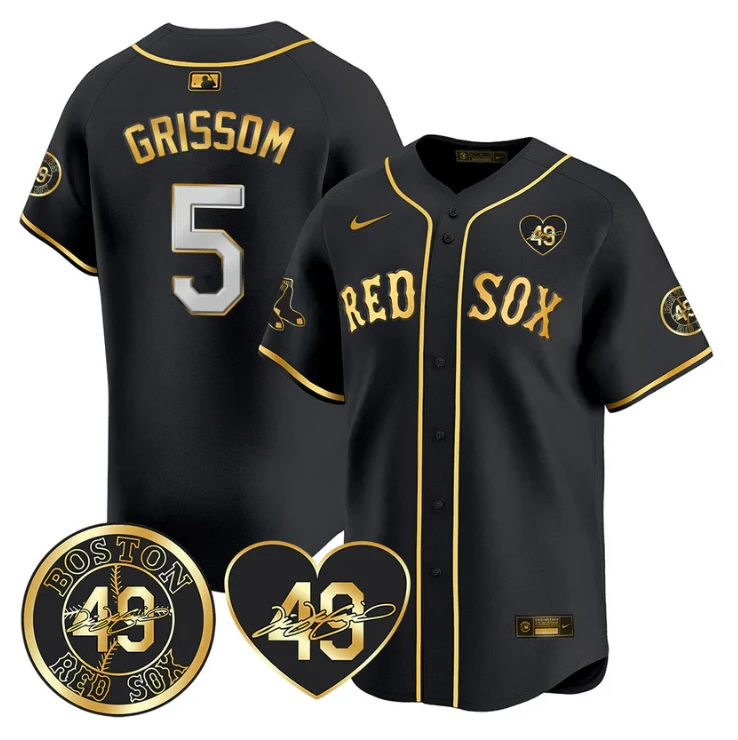 Vaughn Grissom Jersey #5 Boston Red Sox Tim Wakefield Memorial Patch Stitched Black Gold by My Store