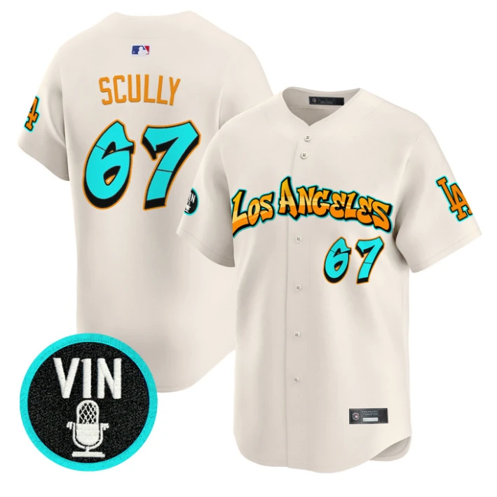 Vin Scully Jersey #67 Los Angeles Dodgers Graffiti Street Style Stitched Cream by My Store