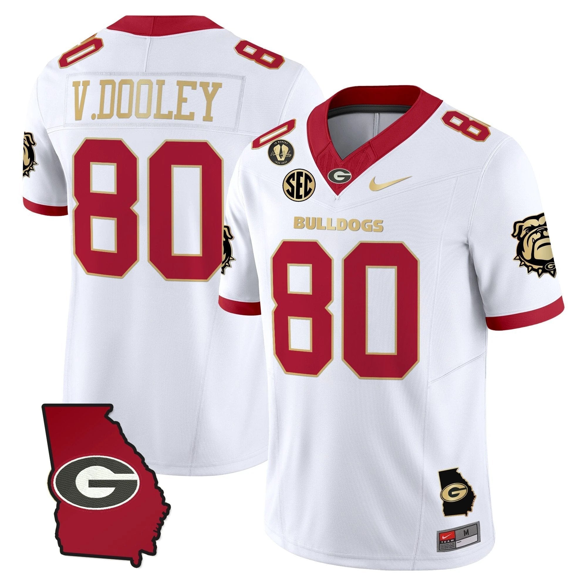 Vince Dooley Jersey #80 Georgia Bulldogs 2025 Georgia Map, Vince Dooley Stitched White Gold Trim by My Store