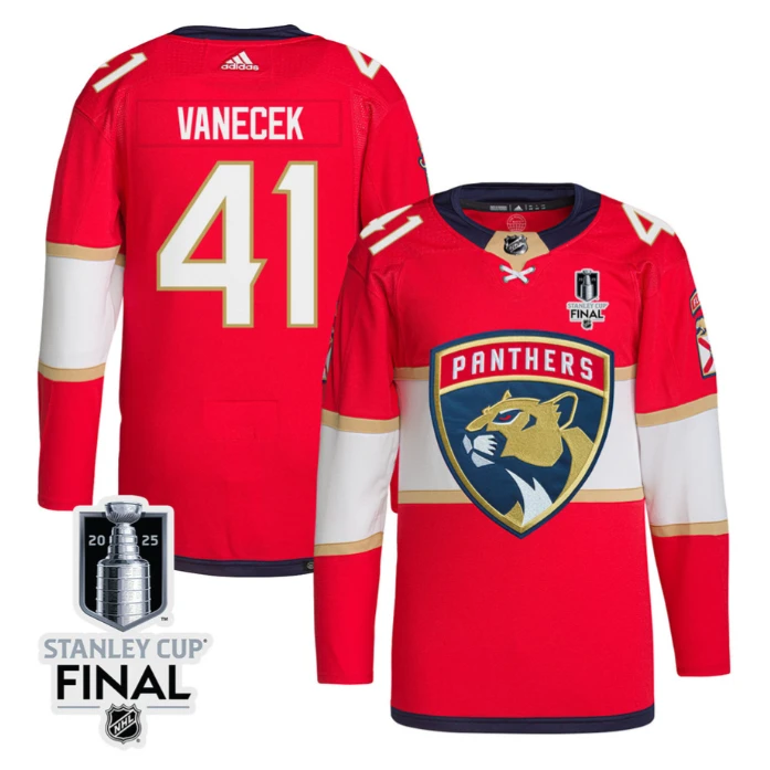 Vitek Vanecek 41 Florida Panthers 2025 STANLEY CUP Final Patch Home Men Jersey Red by Hockey David
