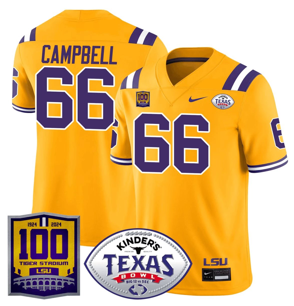 Will Campbell Jersey #66 LSU Tigers Texas Bowl Patch Football Gold by NCAA Football Jersey