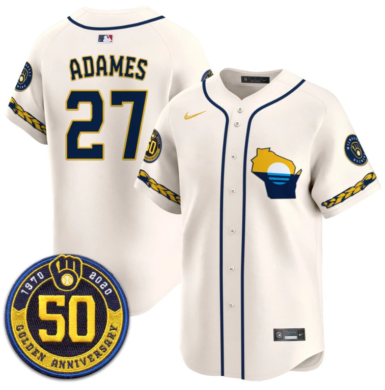 Willy Adames Jersey #27 Milwaukee Brewers Golden 50th Anniversary Patch Stitched Cream by My Store