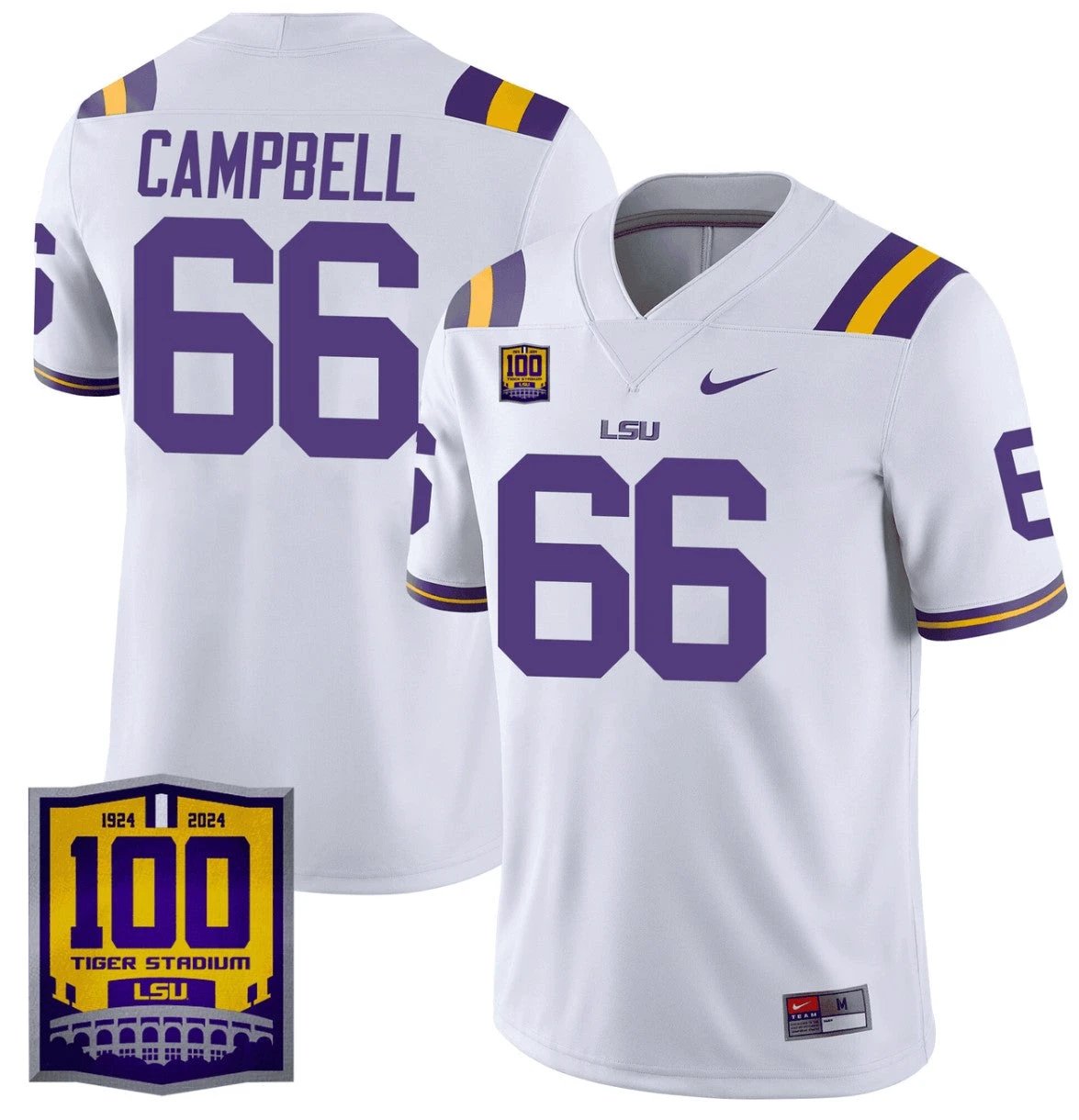 Will Campbell Jersey #66 LSU Tigers 100 Years of Tiger Stadium Patch White by NCAA Football Jersey